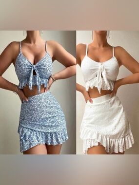 ``New sets’’SHEIN Blue Floral & White Eyelet Tie-Front Ruffle Bikini Sets